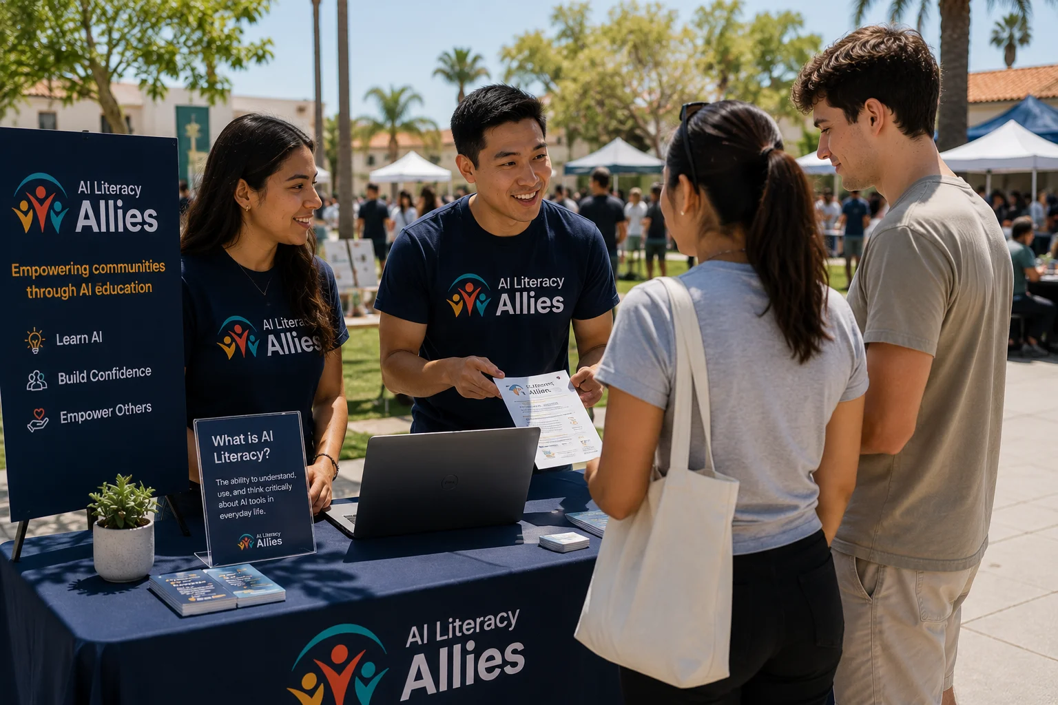 AI Literacy Allies representatives sharing information with visitors at a community event.